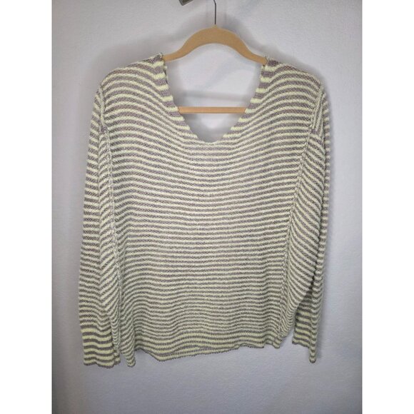 Free People Striped V-Neck Sweater Medium Gray Yellow Fuzzy Knit Pullover - Picture 2 of 8